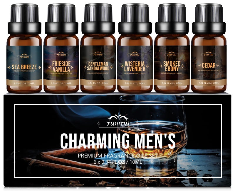 FUHITIM Fragrance Oil, Charming Men's Set Diffuser Oil for Home, Soap & Candle Making Scents, Aromatherapy Essential Oils -Sea Breeze, Fireside Vanilla, Cedar and More(6 * 10ML) - Image 1