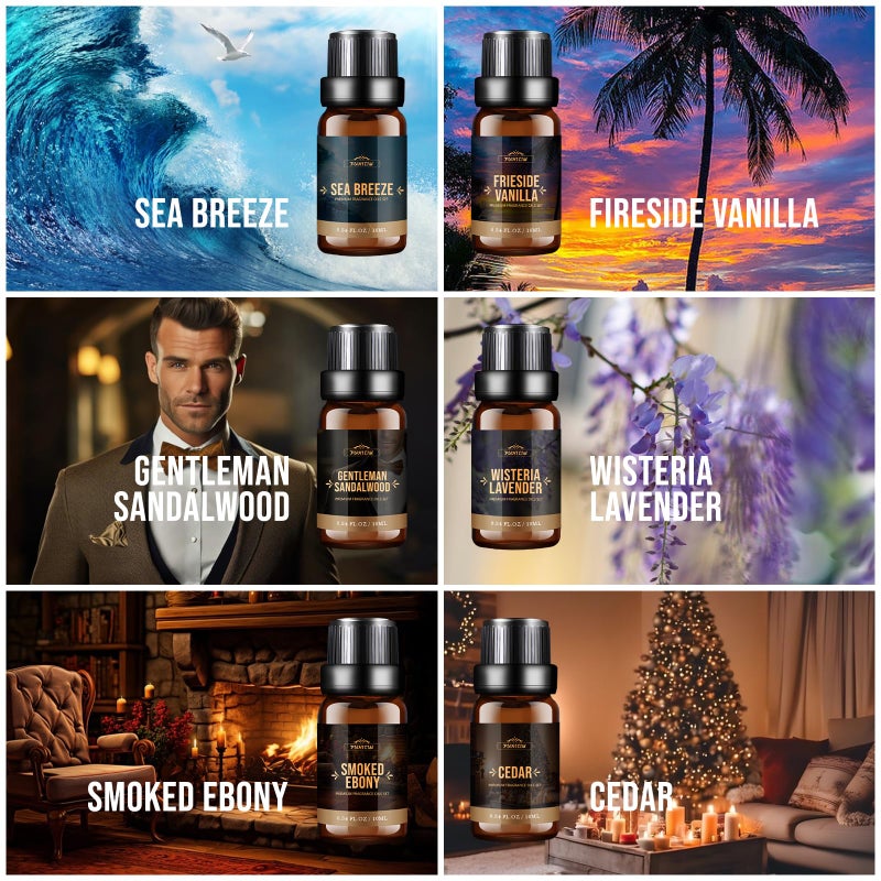 FUHITIM Fragrance Oil, Charming Men's Set Diffuser Oil for Home, Soap & Candle Making Scents, Aromatherapy Essential Oils -Sea Breeze, Fireside Vanilla, Cedar and More(6 * 10ML) - Image 2