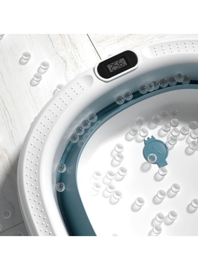 GGEROU حوض استحمام قابل للطي للأطفال، مع وسادة حمام، ميزان حرارة، ملعقة ماء، حوض استحمام محمول قابل للطي مع فتحة تصريف، أزرق - Image 2