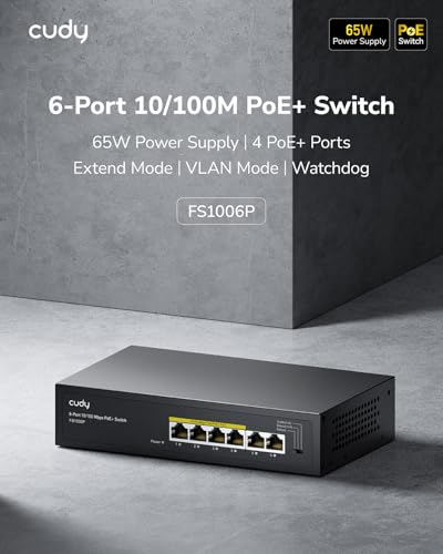 Cudy FS1006P 6-Port 10/100M PoE Switch 60W, 4 PoE Ports, CCTV Mode (Transmit Distance to 250m at 10Mbps), PD Detection,Fan-Less, Steel Case, Desktop and Wall-Mount, 802.3at / 802.3af - Image 2