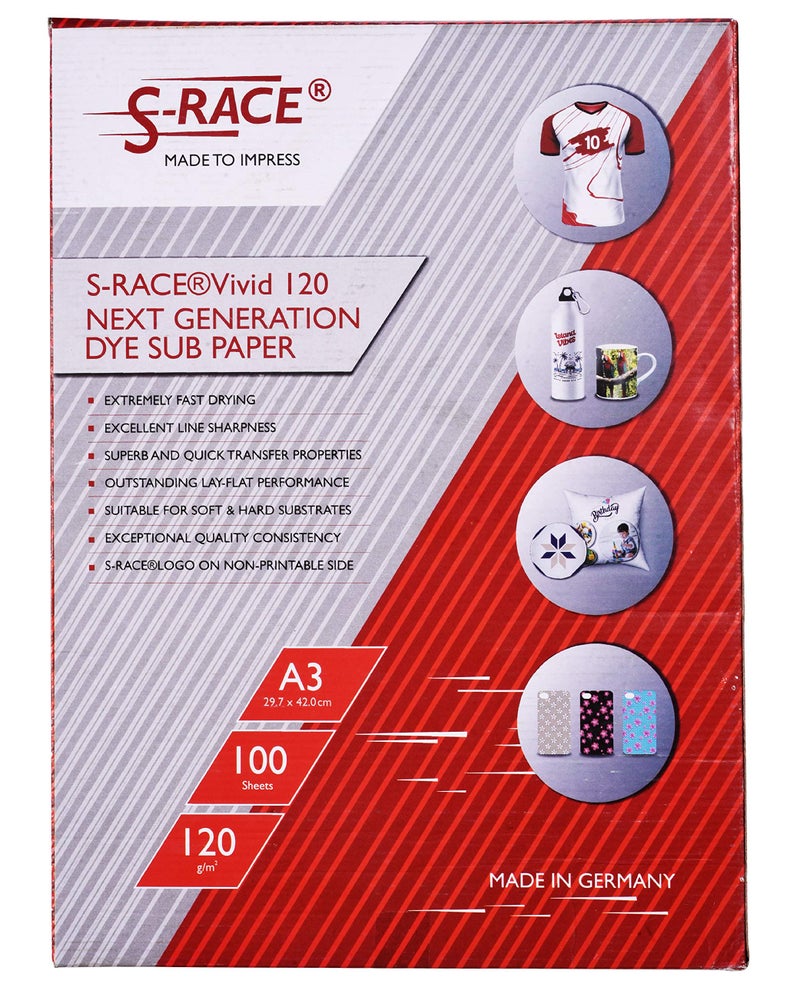 S-RACE: Vivid Dye Sublimation Paper 120 GSM (A3 size, 100 sheets, Pack of 1) Instant Dry, Heat Transfer Paper for Mug Printing, Mobile cases, Polyester clothes, T-shirts, Keychains & Other Ceramics - Image 1