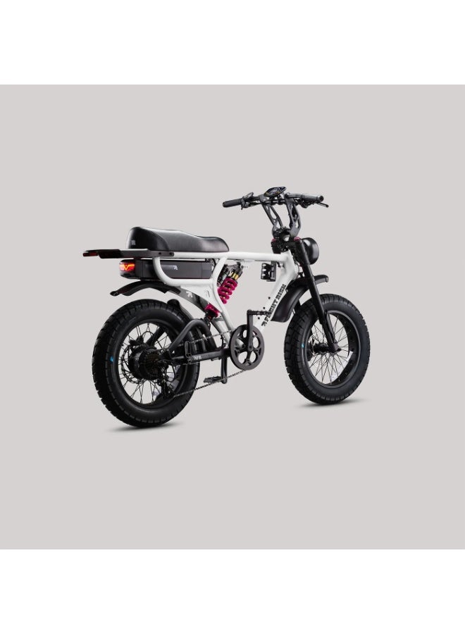 Flight Risk FR555 Electric Bike in White with 1000W Max Power Output, Front Exsho & Mid-Range Suspension, 4-Piston Tektro Hydraulic Disc Brakes, Full-Frame Design for Enhanced Stability and Performance - Image 4
