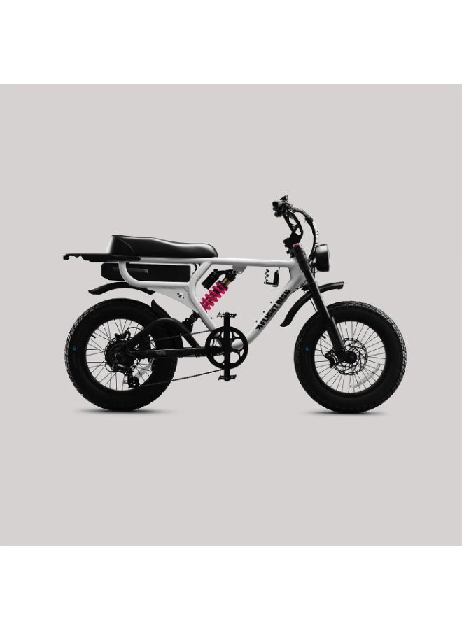 Flight Risk FR555 Electric Bike in White with 1000W Max Power Output, Front Exsho & Mid-Range Suspension, 4-Piston Tektro Hydraulic Disc Brakes, Full-Frame Design for Enhanced Stability and Performance - Image 2