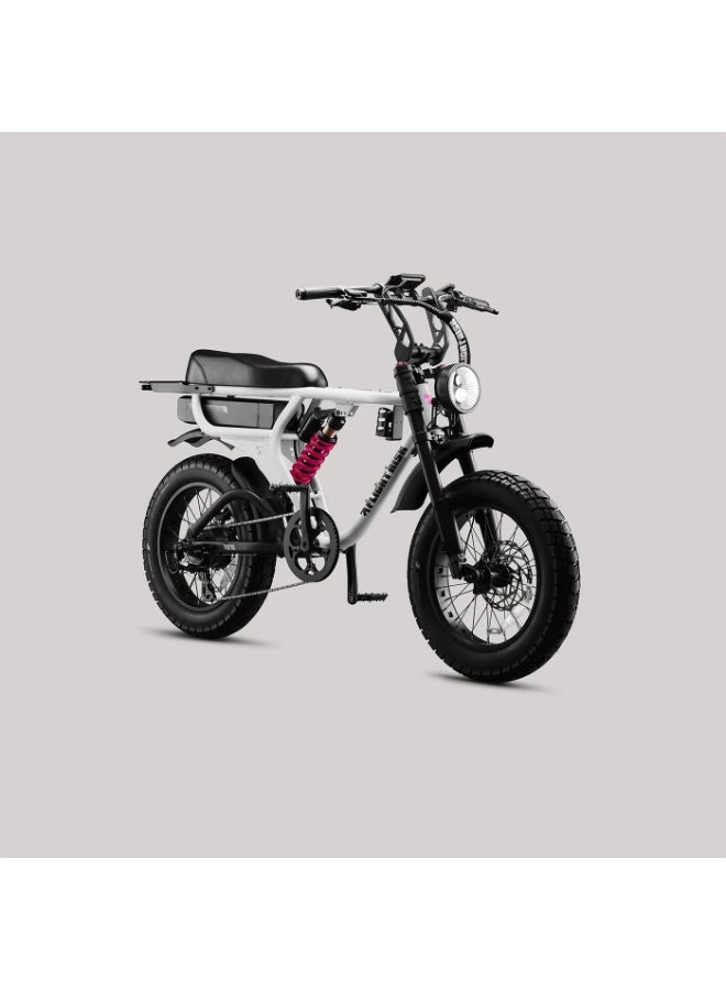 Flight Risk FR555 Electric Bike in White with 1000W Max Power Output, Front Exsho & Mid-Range Suspension, 4-Piston Tektro Hydraulic Disc Brakes, Full-Frame Design for Enhanced Stability and Performance - Image 3