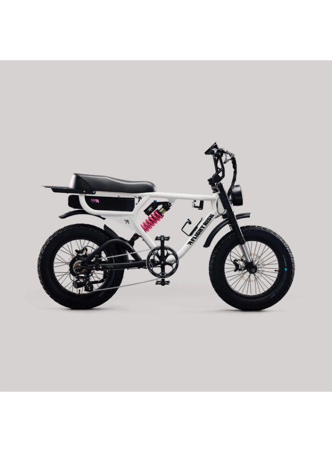 Flight Risk FR555 Electric Bike in White with 1000W Max Power Output, Front Exsho & Mid-Range Suspension, 4-Piston Tektro Hydraulic Disc Brakes, Full-Frame Design for Enhanced Stability and Performance - Image 1