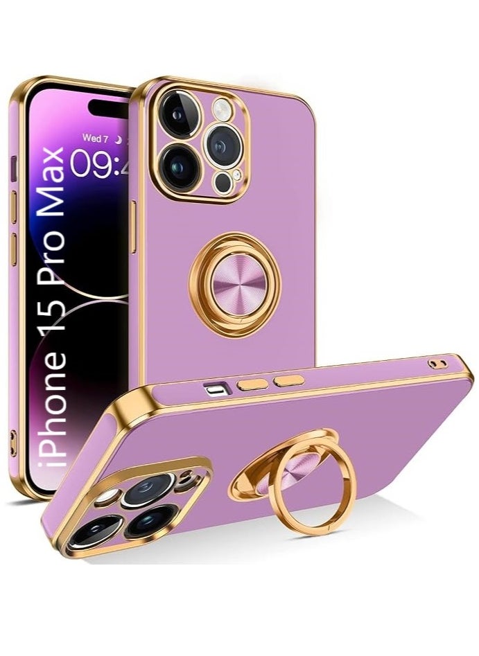 YoYoTech iPhone 15 Pro Max Soft Silicon Shockproof Luxury Gold Lining Case Rotatable Magnetic Ring Holder Kickstand Cover Full Camera Protection.(Light Purple)  - Image 1