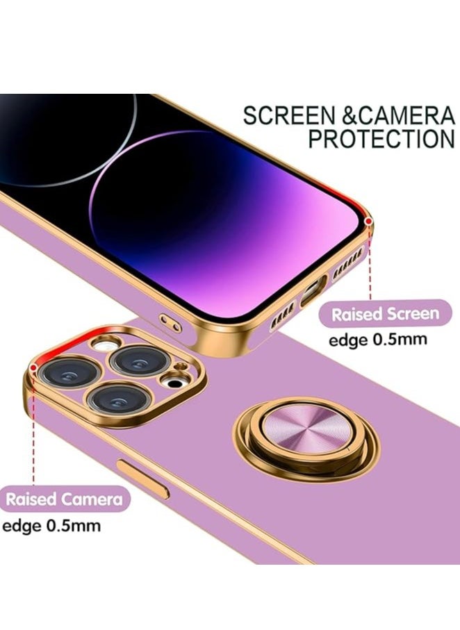 YoYoTech iPhone 15 Pro Max Soft Silicon Shockproof Luxury Gold Lining Case Rotatable Magnetic Ring Holder Kickstand Cover Full Camera Protection.(Light Purple)  - Image 3