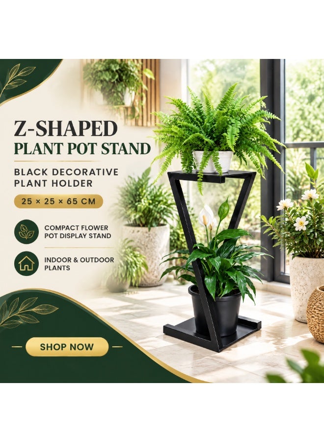 حامل أصيص نباتات على شكل حرف Z – 25 × 25 × 65 سم؛ حامل نباتات زخرفي أسود للنباتات الداخلية والخارجية، حامل عرض لأصص الزهور، حامل نباتات معدني مدمج - Image 2
