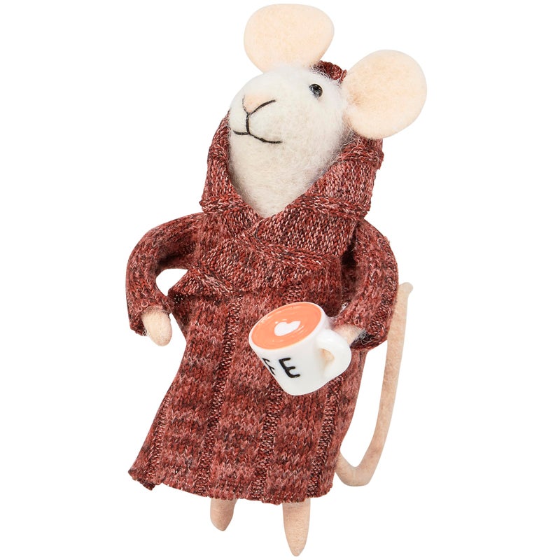 Primitives by Kathy Houserobe Mouse Collectible Critter, Wearing Cute Knitted houserobe/Holding Heart Foam Latte. Coordinate with Our Other Collectible Critters/Figurines for a Fun Bathroom Display - Image 1