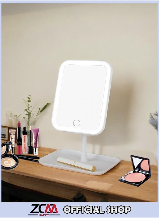 ZCM-HAPPY - Square LED Makeup Mirror – Touch Adjustable Lighting Desktop Dressing Table Mirror Square Base - Image 1