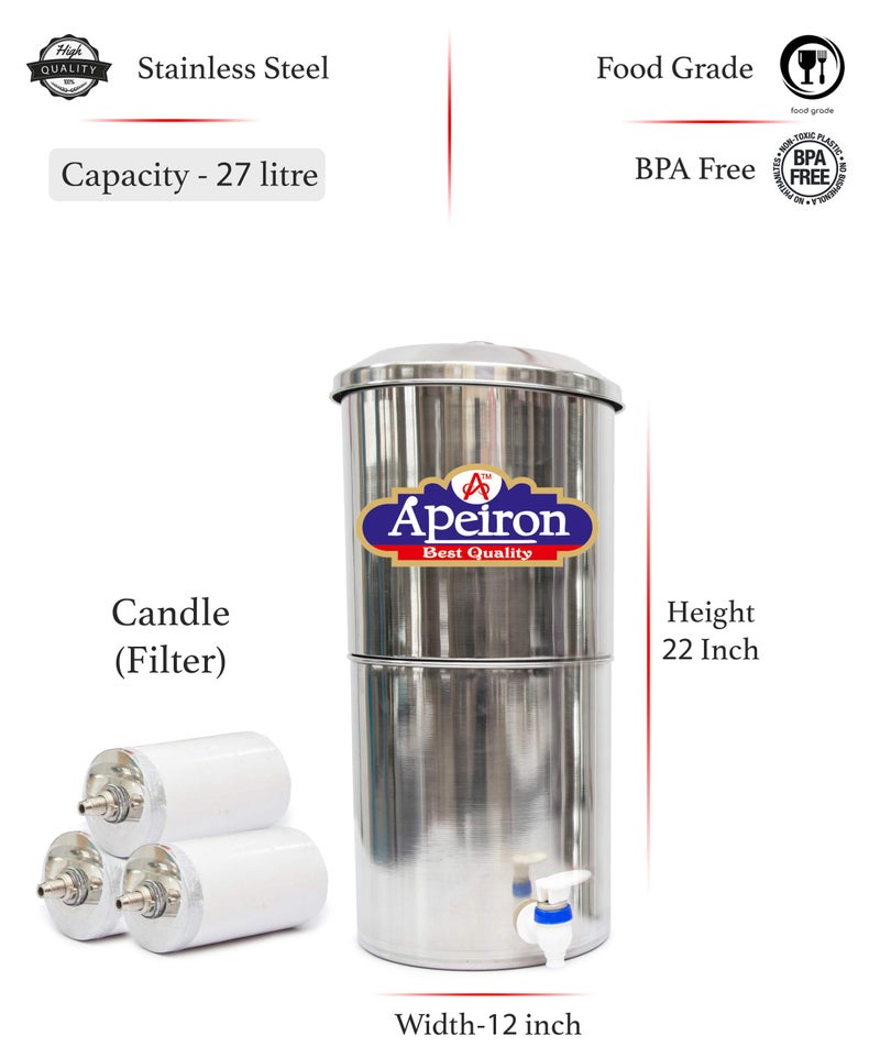 Apeiron Purifier Water Filter With 3 Candle - 27 Litre, Activated Carbon, Silver - Image 2