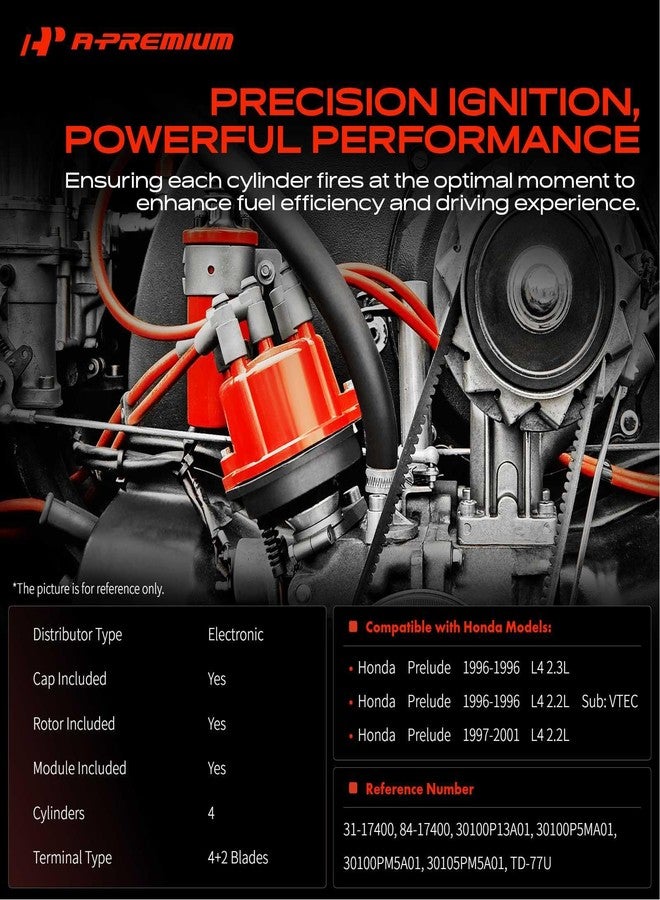 A-Premium Ignition Distributor with Cap and Rotor Compatible with Honda Prelude 1996-2001, 2.2L 2.3L - Image 2