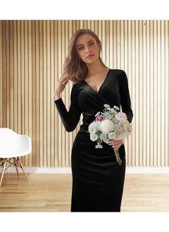 Generic Women's V Neck Velvet Dress Elegant Elastic Skirt Dress Fashion Long Sleeve Fishtail Dress  - Image 1