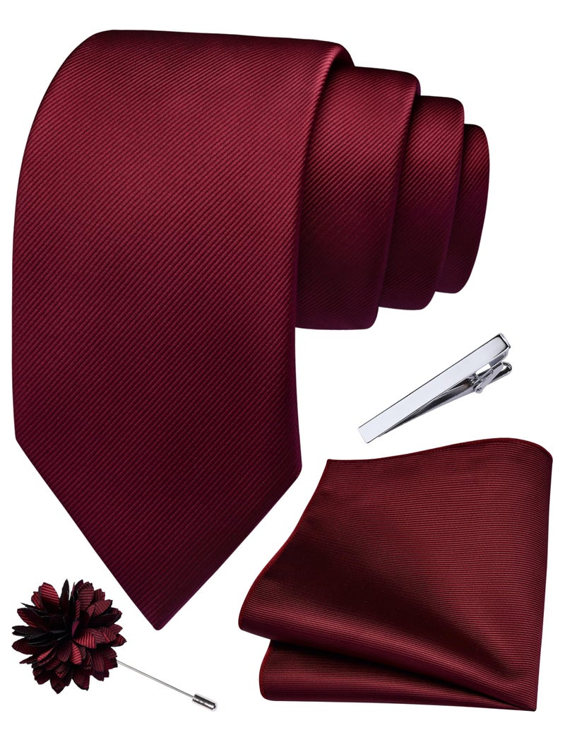 Branduce Burgundy Tie Set for Men Wedding Solid Jacquard Woven Wine Red Necktie Pocket Square Tie Clip and Lapel Pin Brooch Set (TA15-06) - Image 1