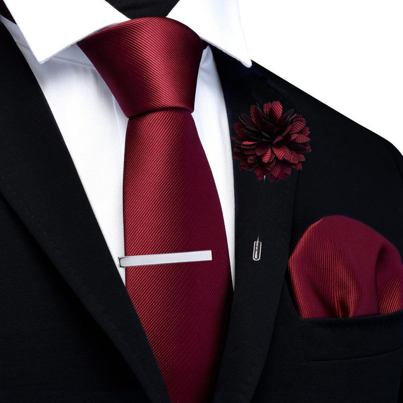 Branduce Burgundy Tie Set for Men Wedding Solid Jacquard Woven Wine Red Necktie Pocket Square Tie Clip and Lapel Pin Brooch Set (TA15-06) - Image 2