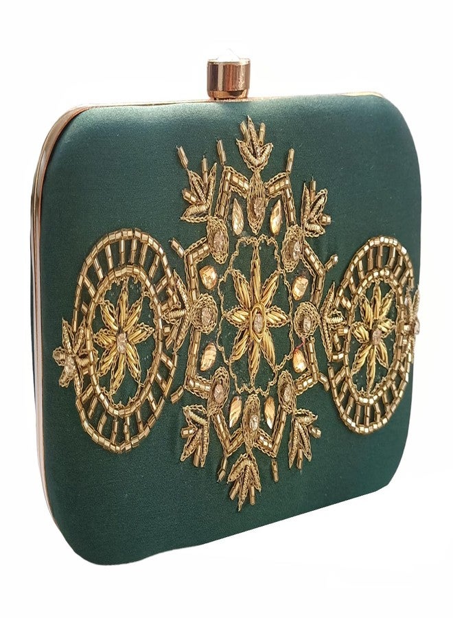 DUCHESS Women Green Hand Embroidered Clutch Purse (7" x 4") - Image 2