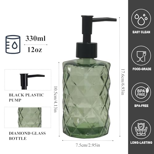 Guokanfly 12Oz Small Glass Soap Dispenser with Black Plastic Pump, Green Refillable Kitchen Countertop Liquid Hand Soap Dispensers with Diamond Design, Crystal Bathroom Lotion Bottle for Dispense Dish Soap - Image 2