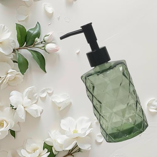 Guokanfly 12Oz Small Glass Soap Dispenser with Black Plastic Pump, Green Refillable Kitchen Countertop Liquid Hand Soap Dispensers with Diamond Design, Crystal Bathroom Lotion Bottle for Dispense Dish Soap - Image 3