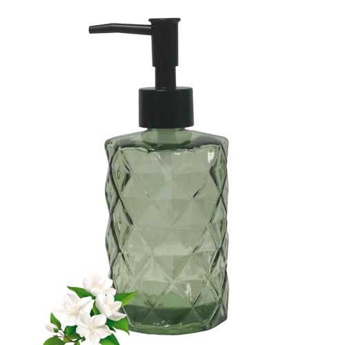 Guokanfly 12Oz Small Glass Soap Dispenser with Black Plastic Pump, Green Refillable Kitchen Countertop Liquid Hand Soap Dispensers with Diamond Design, Crystal Bathroom Lotion Bottle for Dispense Dish Soap - Image 1