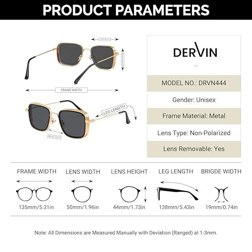 Dervin Unisex Square Non-Polarized Sunglasses Black, Gold Frame Black Lens (Medium)-Pack Of 1 - Image 4