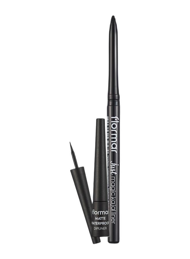 flormar Matte Waterproof Dipliner Black – Precise Tip, Long-Wear, Waterproof, Matte Finish Black & Just Magic Kajal Liner Black Bundle - Image 1