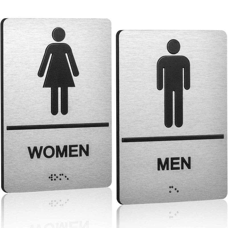 Gorlary Bathroom Signs, Men's & Women's Restroom Signs for Business, Brushed Aluminum ADA Raised Braille Restroom & Bathroom Door Sign with Strong Self-Adhesive, Silver Size 9'' X 6 '' ï¼ˆ2 Pieces Setï¼‰ - Image 1