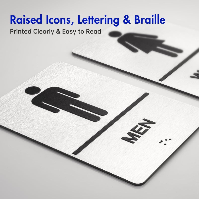 Gorlary Bathroom Signs, Men's & Women's Restroom Signs for Business, Brushed Aluminum ADA Raised Braille Restroom & Bathroom Door Sign with Strong Self-Adhesive, Silver Size 9'' X 6 '' ï¼ˆ2 Pieces Setï¼‰ - Image 3