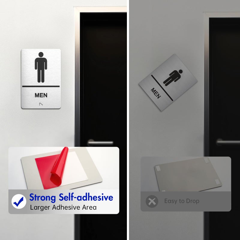 Gorlary Bathroom Signs, Men's & Women's Restroom Signs for Business, Brushed Aluminum ADA Raised Braille Restroom & Bathroom Door Sign with Strong Self-Adhesive, Silver Size 9'' X 6 '' ï¼ˆ2 Pieces Setï¼‰ - Image 4