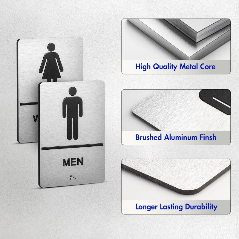 Gorlary Bathroom Signs, Men's & Women's Restroom Signs for Business, Brushed Aluminum ADA Raised Braille Restroom & Bathroom Door Sign with Strong Self-Adhesive, Silver Size 9'' X 6 '' ï¼ˆ2 Pieces Setï¼‰ - Image 2