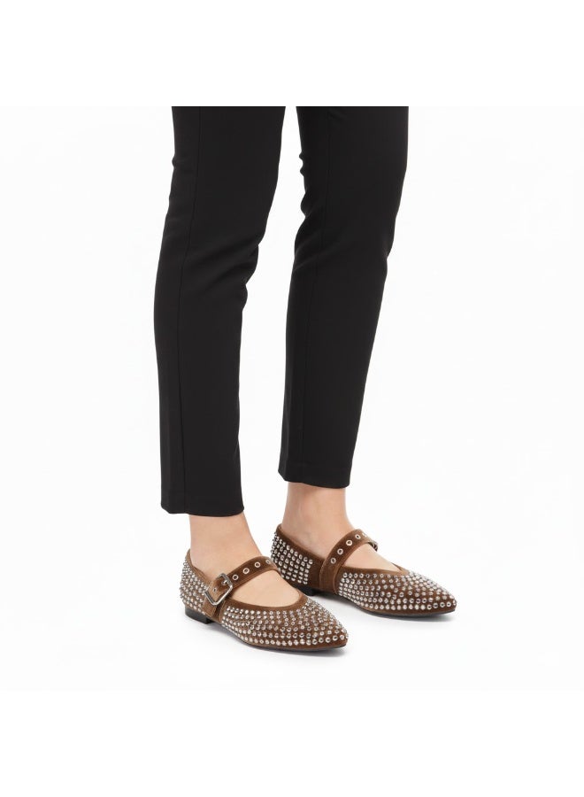 Women's flat shoes adorned with sparkling rhinestones, featuring an elegant design and an adjustable strap. - Image 1
