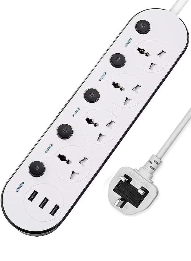ELONSEY 5 Meter Universal Power Extension Cord with 4 Outlets and 3 USB Ports, Power Strip with Surge Protection, Heavy Duty Universal Extension Lead - White  - Image 1
