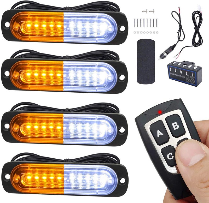 EASE2U E Led Strobe Lights for Trucks Vehicles Suvs,12-24v 4pcs Emergency Warning Caution Hazard Construction Slim Sync Feature Car with Main Control Surface Mount (White Amber) - Image 1