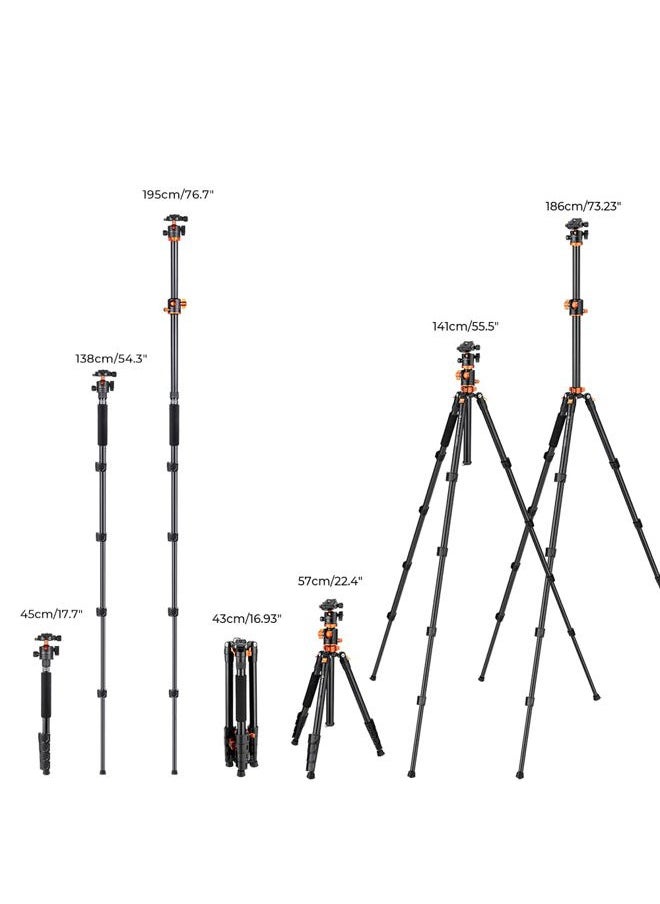 73 inch /186cm Camera Tripod,Transverse Center Column Aluminium DSLR Tripod with 360 Degree Ball Head 10kg Load Capacity,Quick Release Plate,Detachable Monopod T255A3+BH-28L