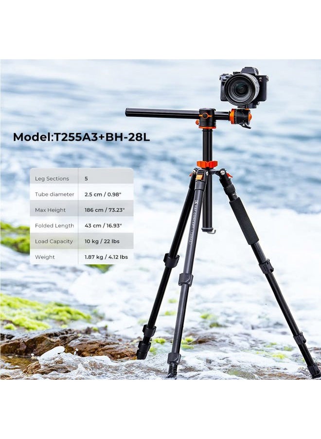 K&F Concept 73 inch /186cm Camera Tripod,Transverse Center Column Aluminium DSLR Tripod with 360 Degree Ball Head 10kg Load Capacity,Quick Release Plate,Detachable Monopod T255A3+BH-28L  - Image 2