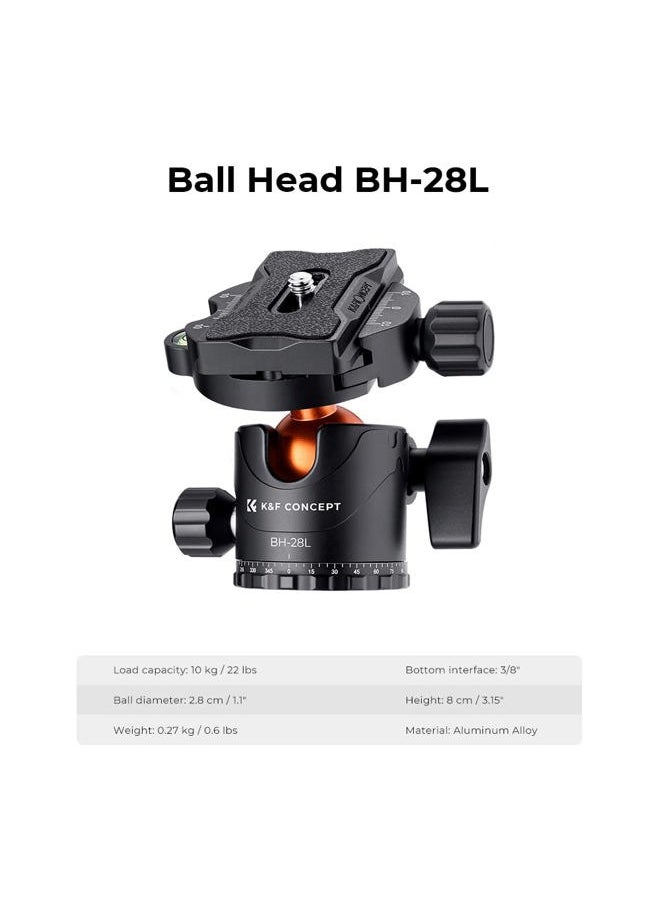 K&F Concept 73 inch /186cm Camera Tripod,Transverse Center Column Aluminium DSLR Tripod with 360 Degree Ball Head 10kg Load Capacity,Quick Release Plate,Detachable Monopod T255A3+BH-28L  - Image 5