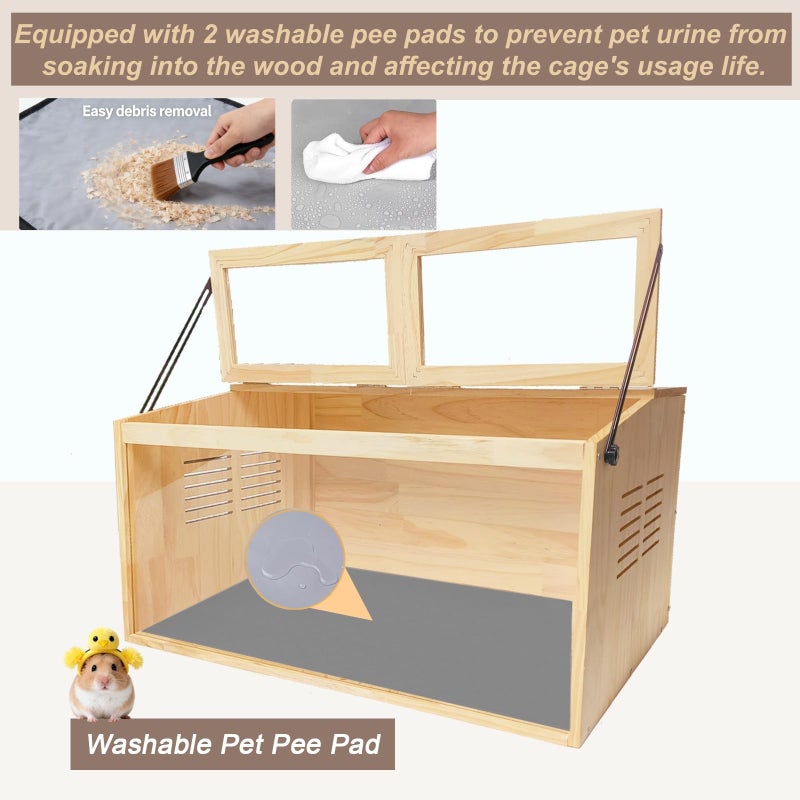 LWYMX Wooden Hamster Cage,32" Lx16 Wx16 H,2 Washable Liner, Animal Cabinet for Dwarf Syrian Hamsters Degus, Hamster Habitat with Openable Top and Large Acrylic Sheets, Natural Wooden Hamster Habitat - Image 3