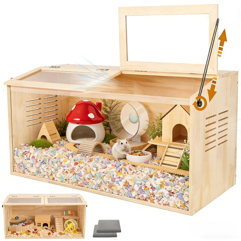 LWYMX Wooden Hamster Cage,32" Lx16 Wx16 H,2 Washable Liner, Animal Cabinet for Dwarf Syrian Hamsters Degus, Hamster Habitat with Openable Top and Large Acrylic Sheets, Natural Wooden Hamster Habitat - Image 1