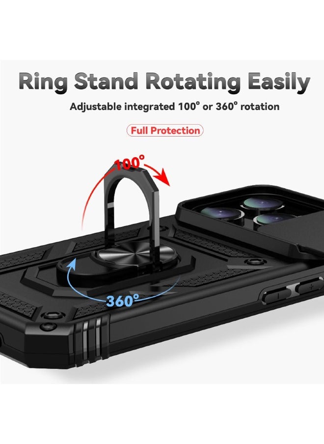 راجيد شيلد - غطاء iPhone 16 Pro Max، غطاء كاميرا منزلق، حامل حلقي مدمج يدور 360 درجة، حماية من الصدمات والسقوط، جراب واقٍ شديد التحمل مقاوم للصدمات لهاتف iPhone 16 Pro Max (2024)، أسود - Image 1