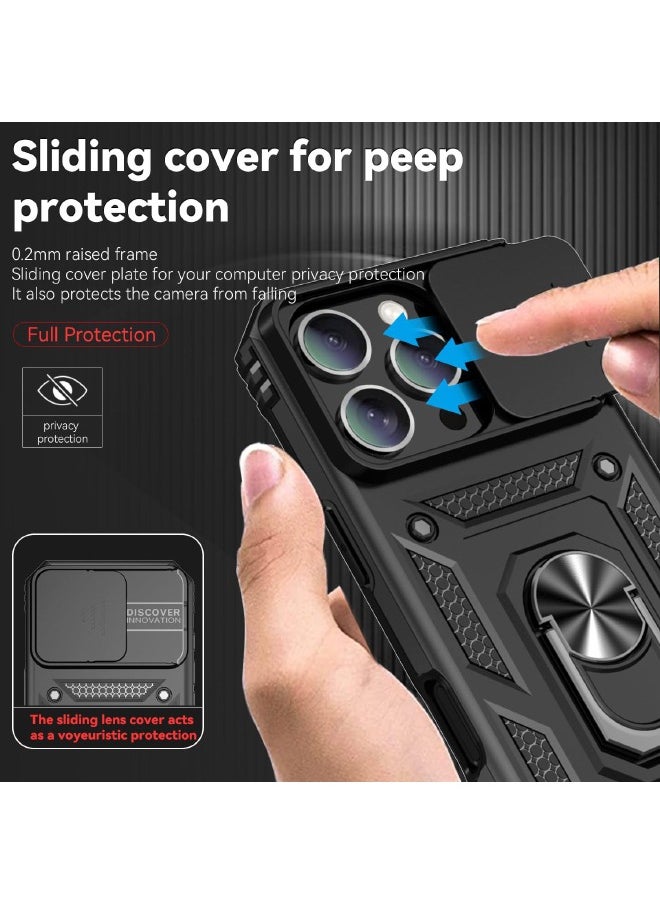 راجيد شيلد - غطاء iPhone 16 Pro Max، غطاء كاميرا منزلق، حامل حلقي مدمج يدور 360 درجة، حماية من الصدمات والسقوط، جراب واقٍ شديد التحمل مقاوم للصدمات لهاتف iPhone 16 Pro Max (2024)، أسود - Image 1