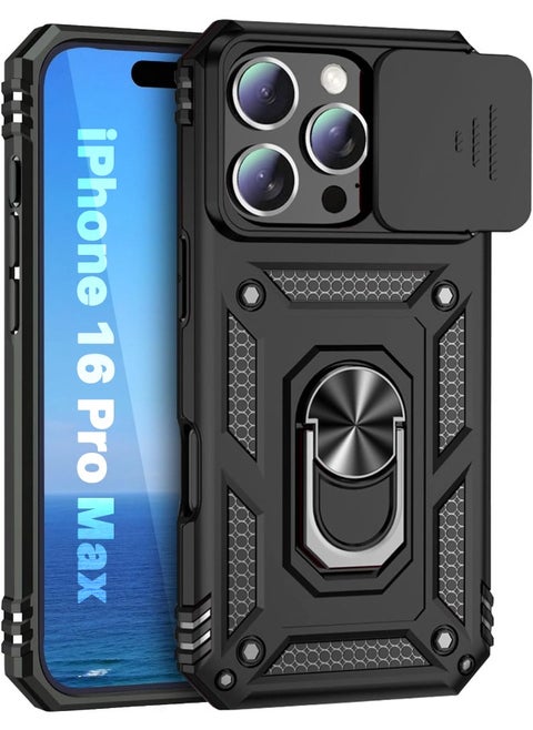 iPhone 16 Pro Max Cover, Slide Camera Cover, Built-in 360° Rotate Ring Kickstand, Shockproof Drop Proof Protection, Heavy Duty Shockproof Protective Case for iPhone 16 Pro Max (2024), Black