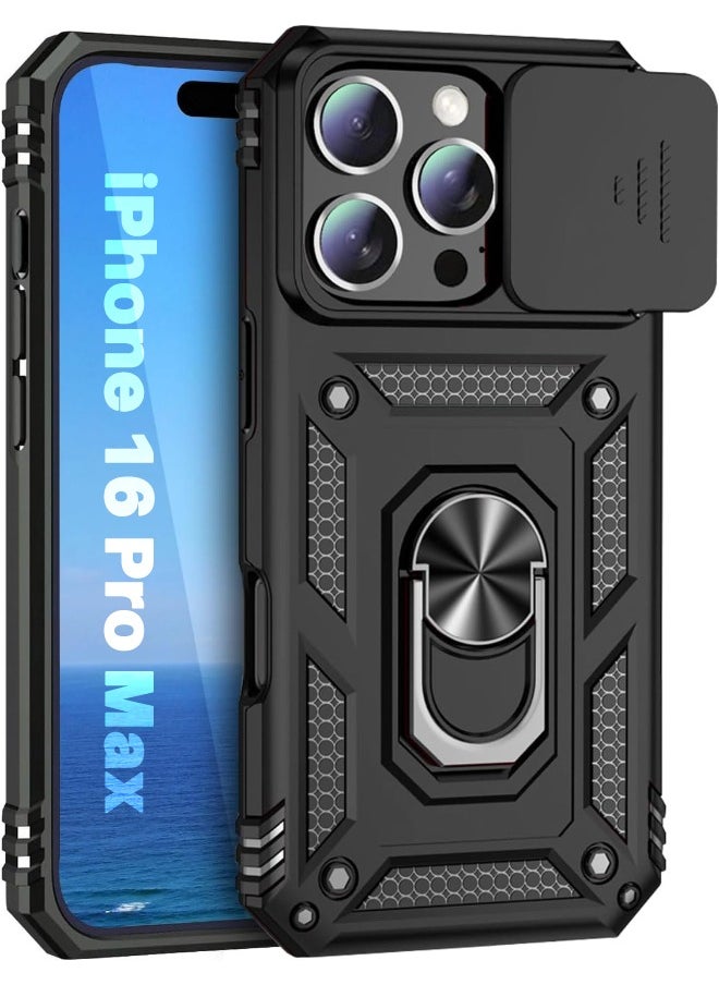 راجيد شيلد - غطاء iPhone 16 Pro Max، غطاء كاميرا منزلق، حامل حلقي مدمج يدور 360 درجة، حماية من الصدمات والسقوط، جراب واقٍ شديد التحمل مقاوم للصدمات لهاتف iPhone 16 Pro Max (2024)، أسود - Image 1