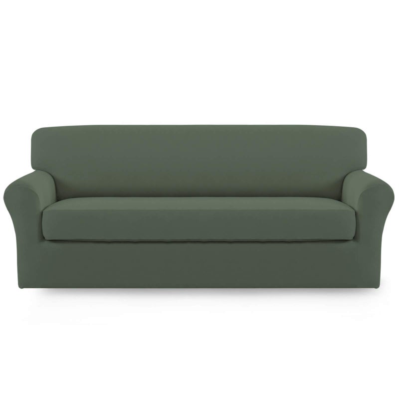 Easy-Going EasyGoing 2 Pieces Microfiber Stretch Sofa Slipcover  Spandex Soft Fitted Sofa Couch Cover Washable Furniture Protector with Elastic Bottom KidsPet Sofa Greyish Green - Image 1