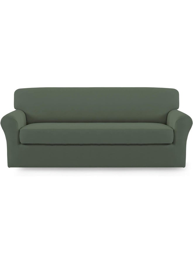 Easy-Going EasyGoing 2 Pieces Microfiber Stretch Sofa Slipcover  Spandex Soft Fitted Sofa Couch Cover Washable Furniture Protector with Elastic Bottom KidsPet Sofa Greyish Green - Image 2