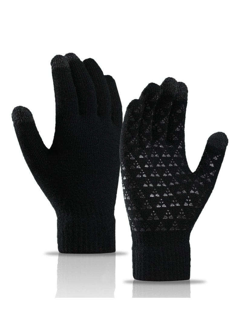 Excefore 2 Pairs of Winter Knit Gloves, Warm Full Fingers Men Women with Upgraded Touch Screen Anti-Slip Glove Fleece Lined for Winter Outdoor sports for Winter Outdoor sports, 21x11CM/Black  - Image 1