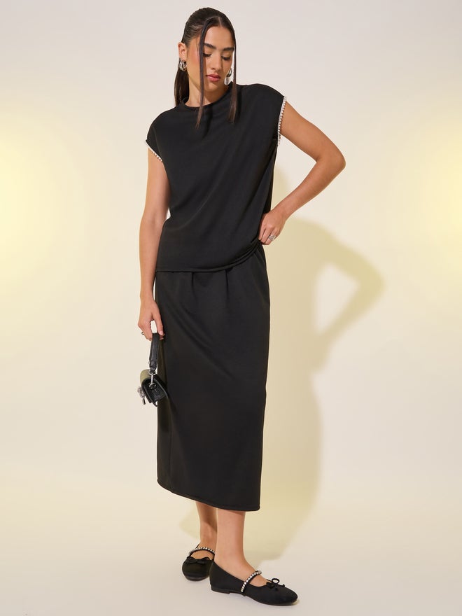 Take Two Take Two Faux Pearl Detail Short Sleeve Top and Skirt Co-Ords - Image 2