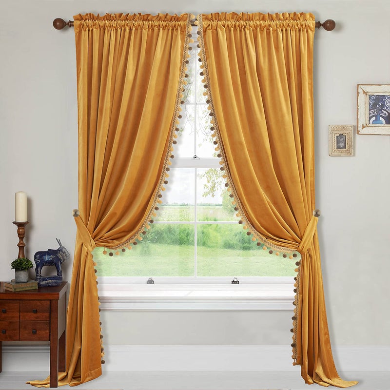 StangH Gold Velvet Curtains 84 inches Long for Living Room Boho Pompom Light Blocking Window Deocr Thermal Curtain Drapes for Kids RoomBedroom Warm Gold W52 x L84 2 Panels  Tiebacks