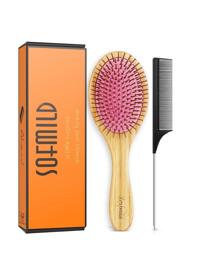 Sofmild Sofmild Bamboo Wooden Paddle Hair Brush Comb Set, Hairbrushes for Women Men Kid Detangling Hair Massaging Scalp with Round Tip Bristles for All Hairstyles (Pink Wooden)  - Image 1