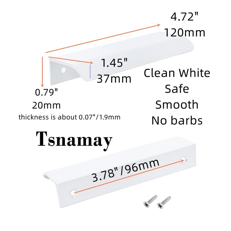 Tsnamay مجموعة تسناماي من 6 قطع، مقابض سطحية بيضاء مقوسة بطول 4.72 بوصة، مقابض حواف بيضاء، مقابض أدراج أثاث، مقابض خزائن مخفية، قطر الفتحة 3.78 بوصة / 96 مم - Image 3