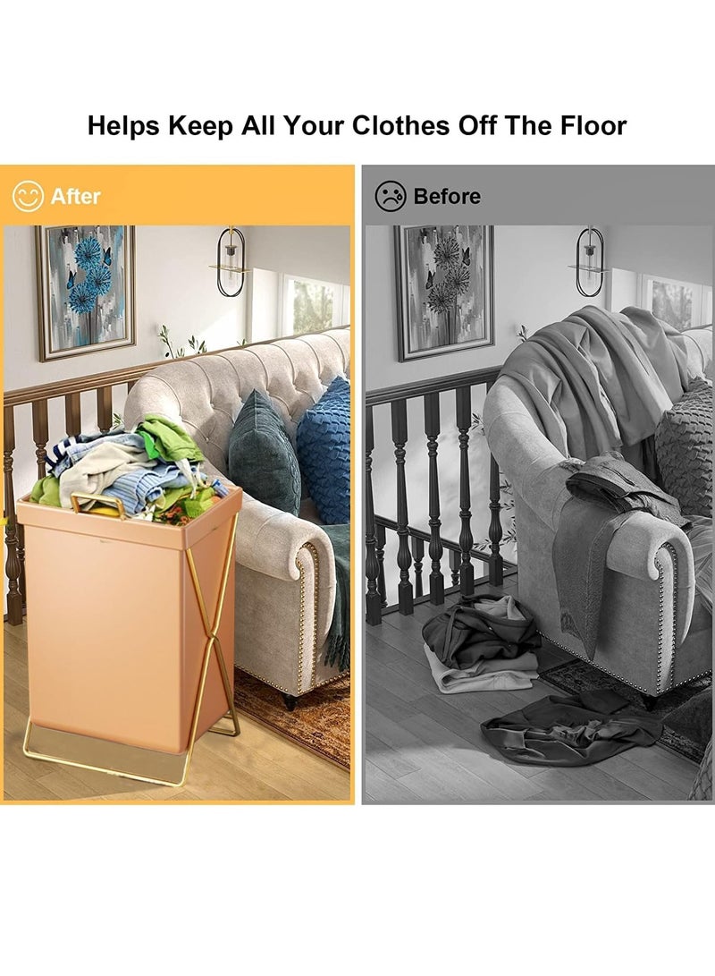 Laundry Hamper with Lid Portable and Collapsible Folding Clothes Laundry Basket Storage with Removable PU Bag Metal Frame Laundry Organizer Cabinet for Bathroom (Orange Pu)  - Image 3