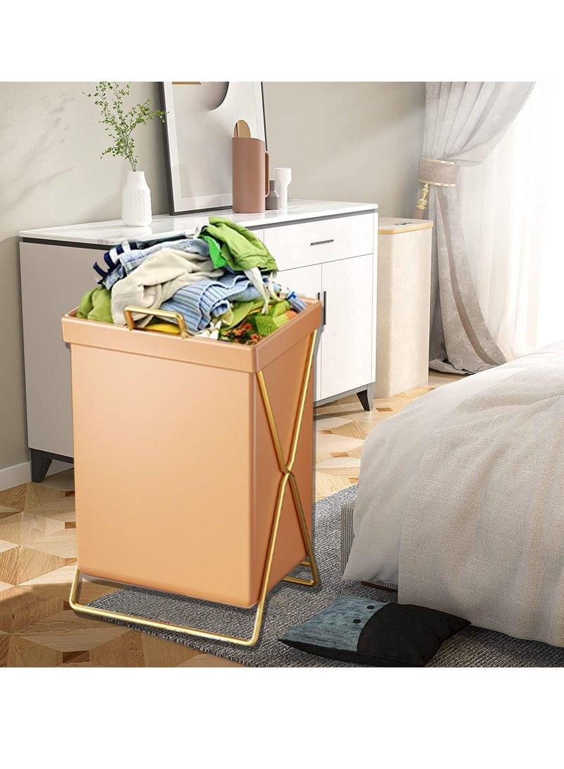 Laundry Hamper with Lid Portable and Collapsible Folding Clothes Laundry Basket Storage with Removable PU Bag Metal Frame Laundry Organizer Cabinet for Bathroom (Orange Pu)  - Image 5